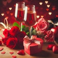Valentines day background with red roses, gift box and two glasses of champagne Royalty Free Stock Photo